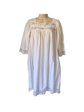 Vintage Christian Dior Nightgown White Cotton Lace Trim Romantic Sleep Dress 70s